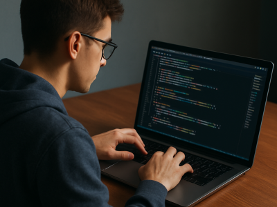 A person using his laptop and working