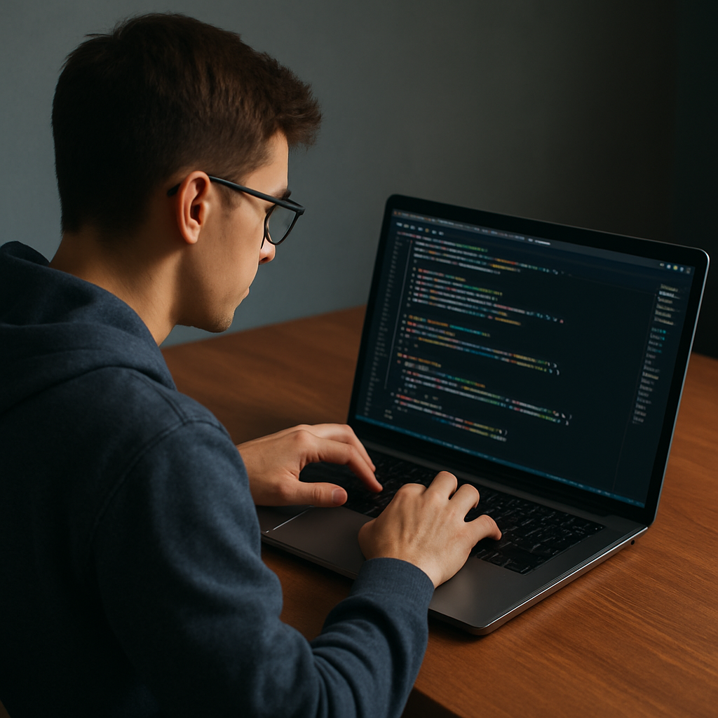 A person using his laptop and working