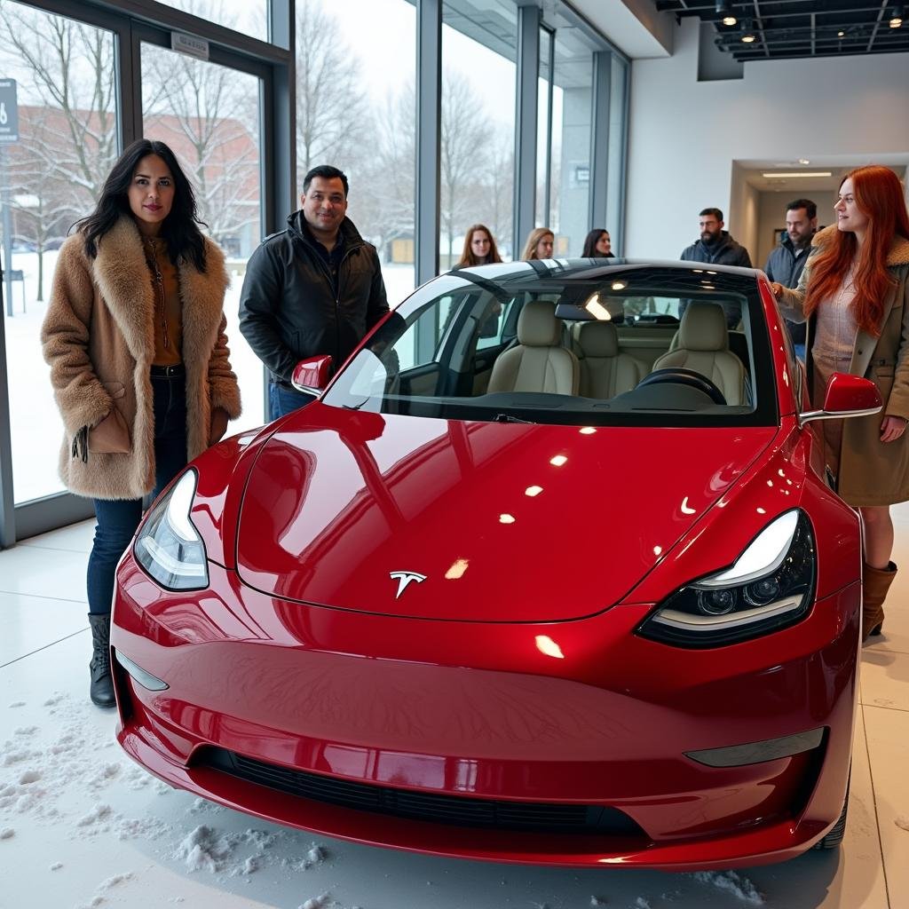 Visitors in Tesla showroom post grand opening