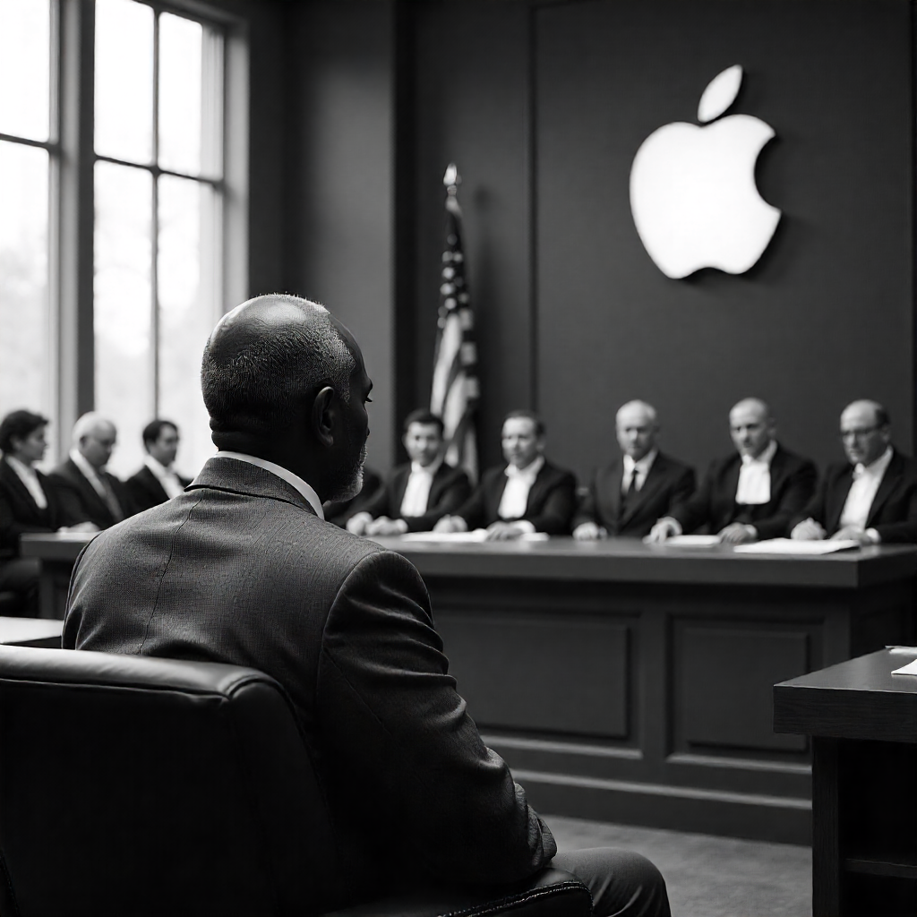 An apple employee sitting in front of legislative senators