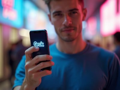 A person with his phone downloading grok application