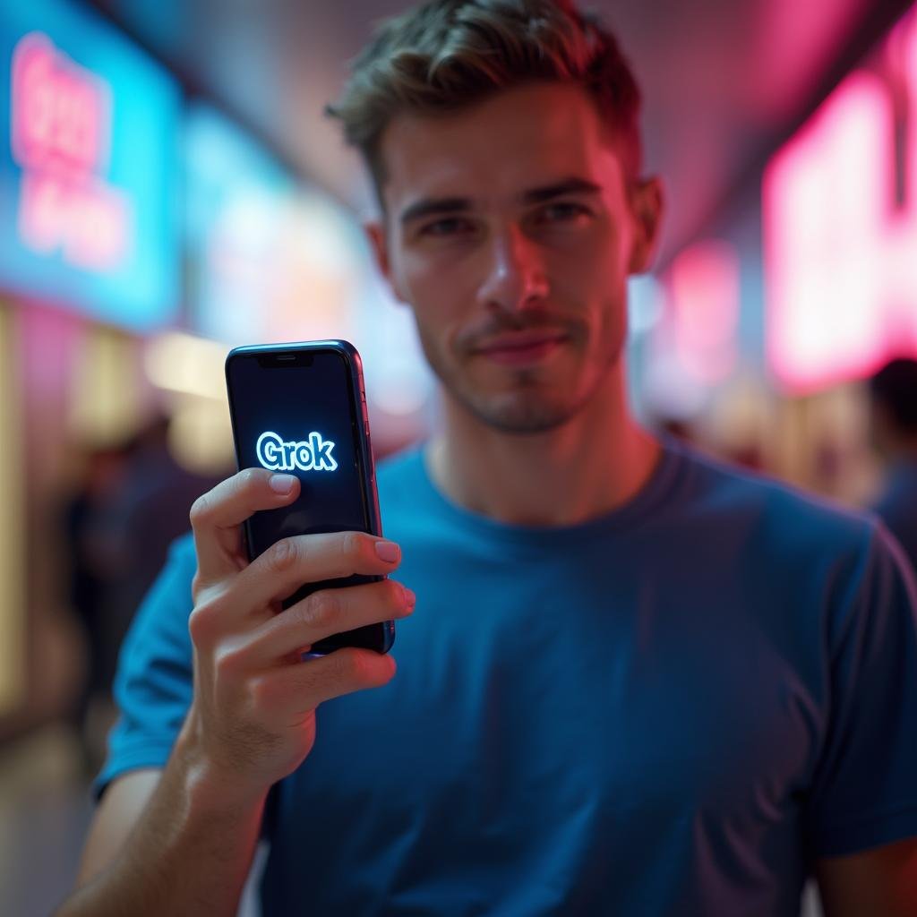 A person with his phone downloading grok application