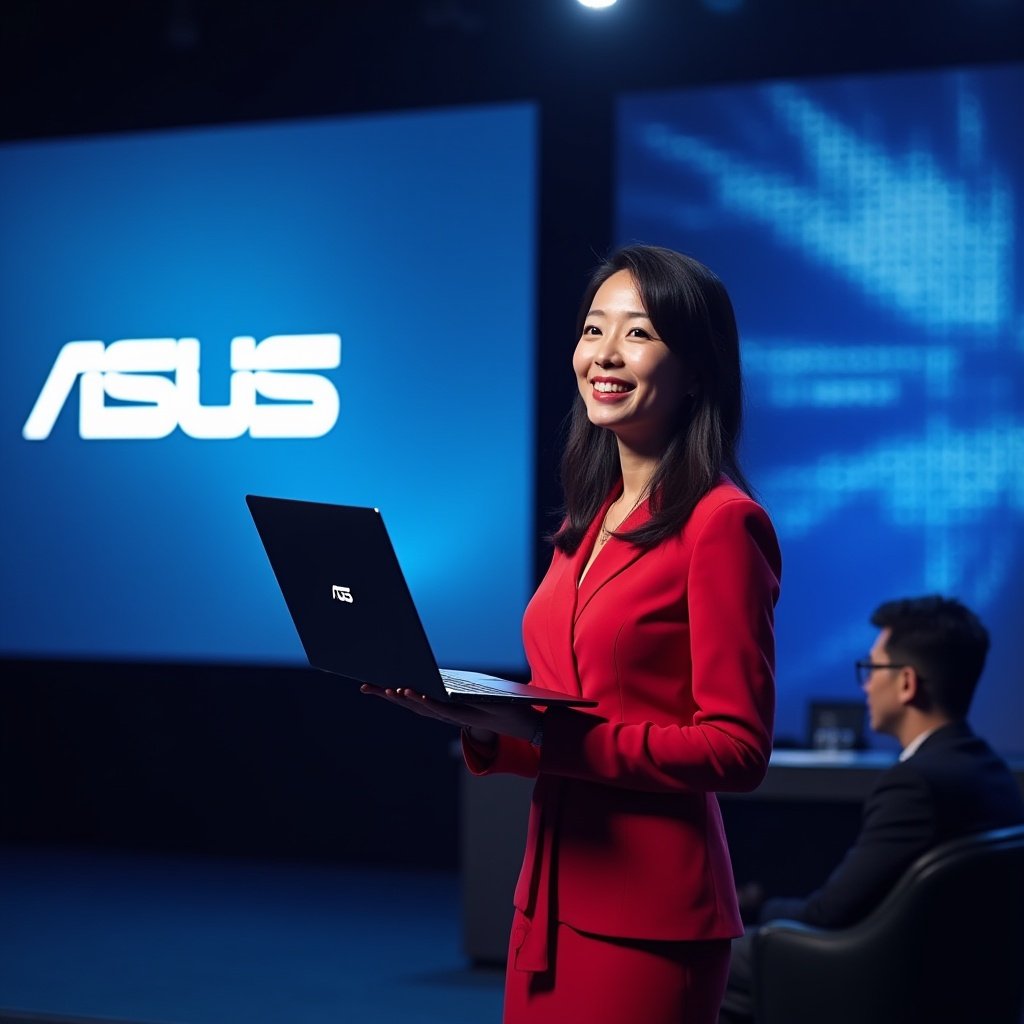 An image of a lady with asus laptop in a launch event