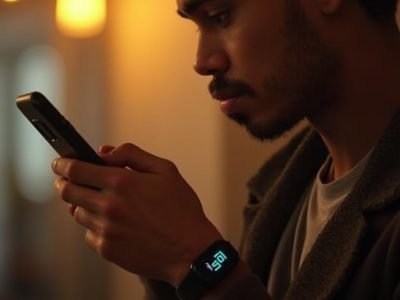A person using his phone and wearing his ai wearable device
