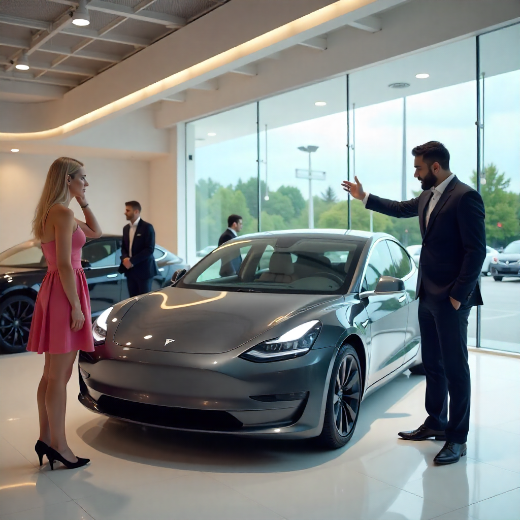 Image of people visiting the Tesla showroom post launch
