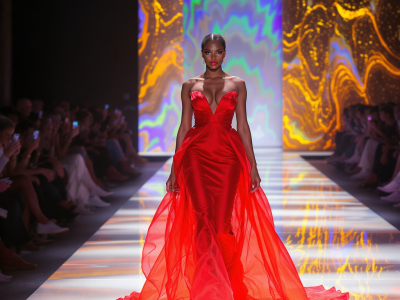 An image of an AI model walking on ramp during fashion week