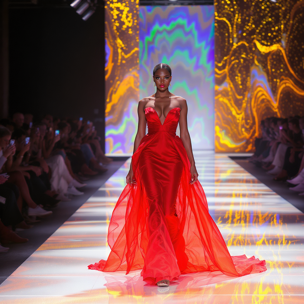 An image of an AI model walking on ramp during fashion week