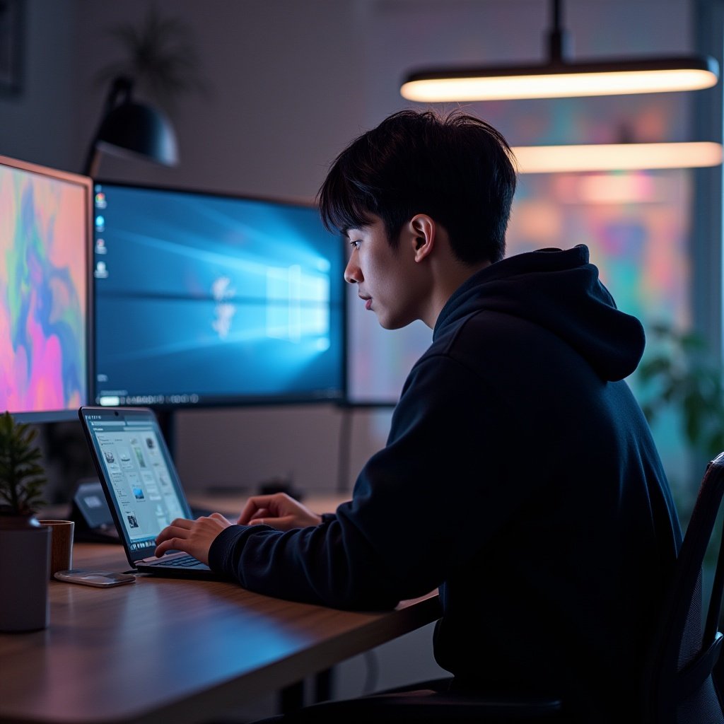 A boy doing work in his laptop using figma software