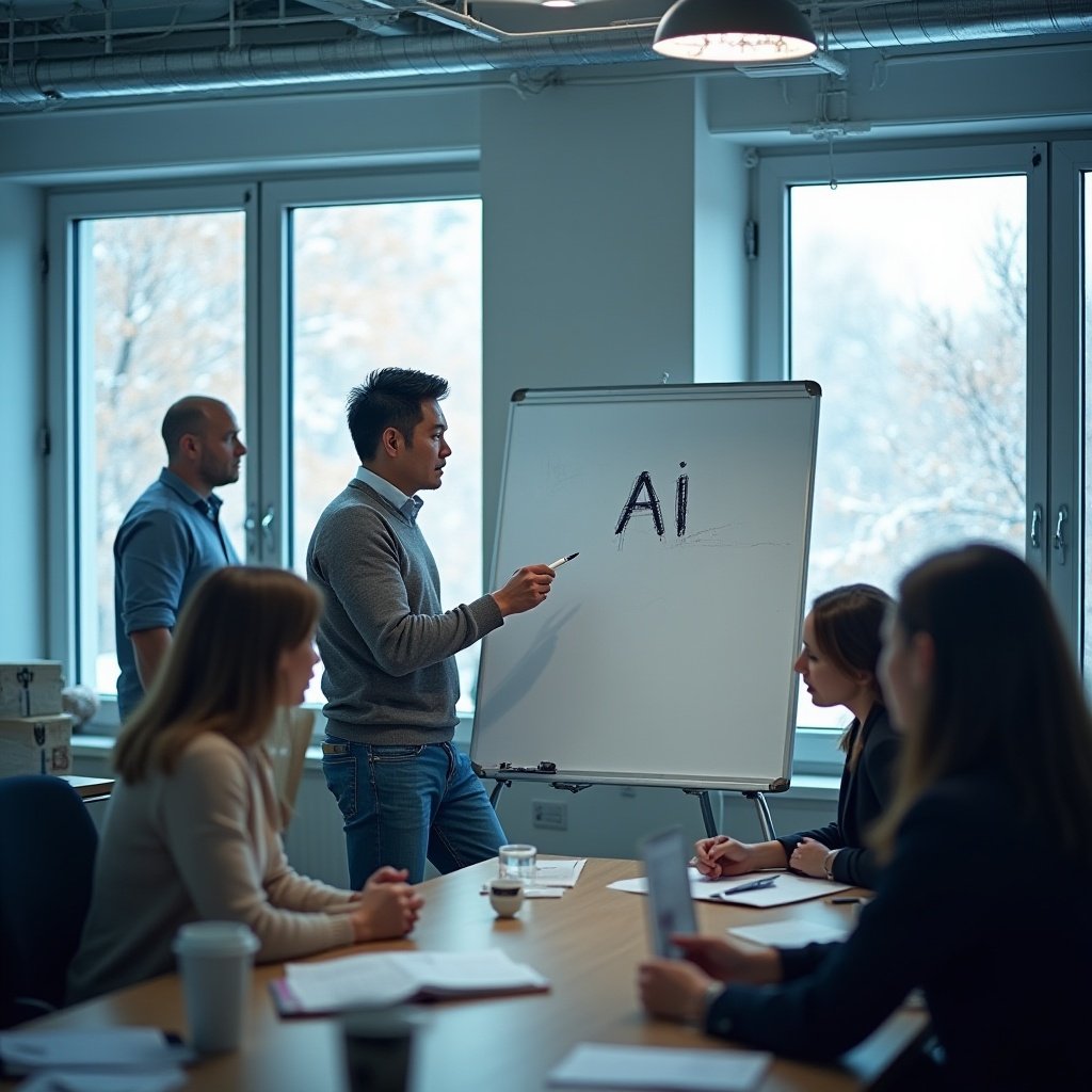 An image of people in office discussing about AI trends