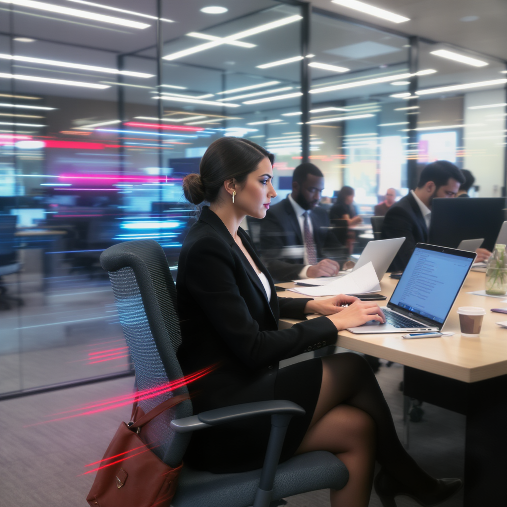A woman doing work in her office and using AI tool while doing her work