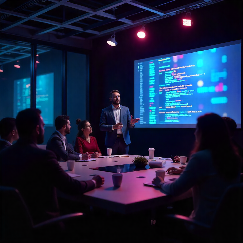 An image where CTO of a company is guiding his employees