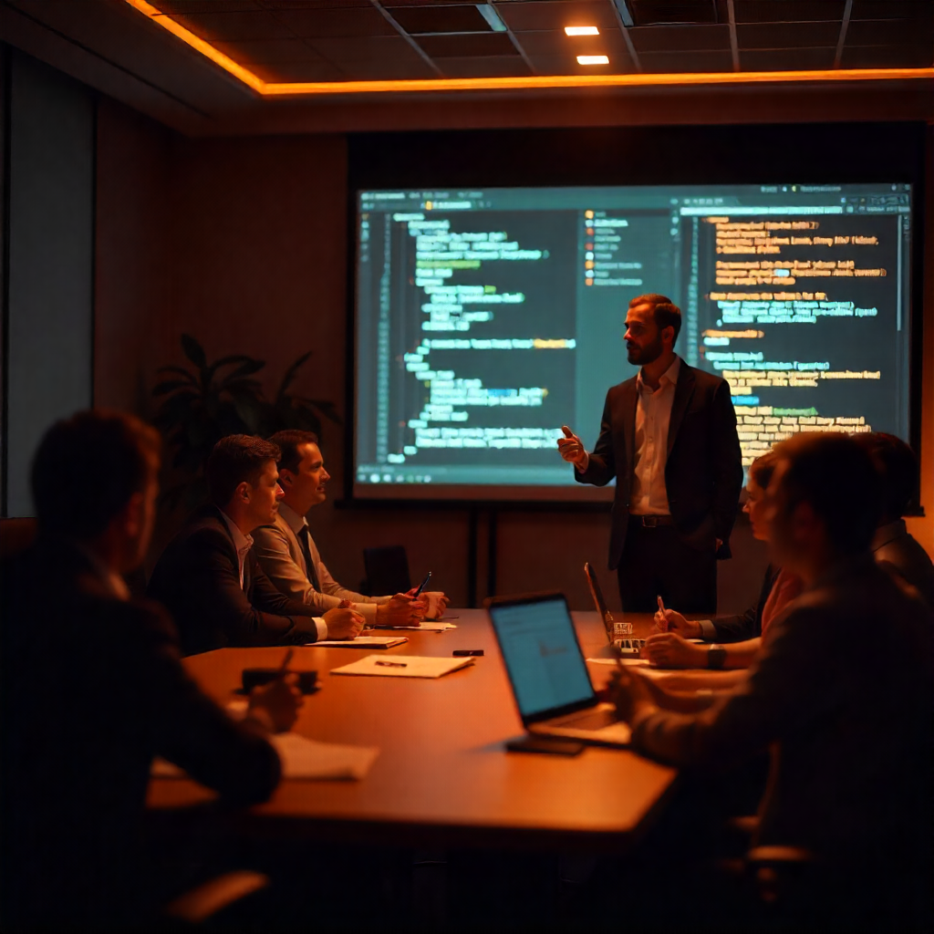 An image where CTO of a company is addressing his employees