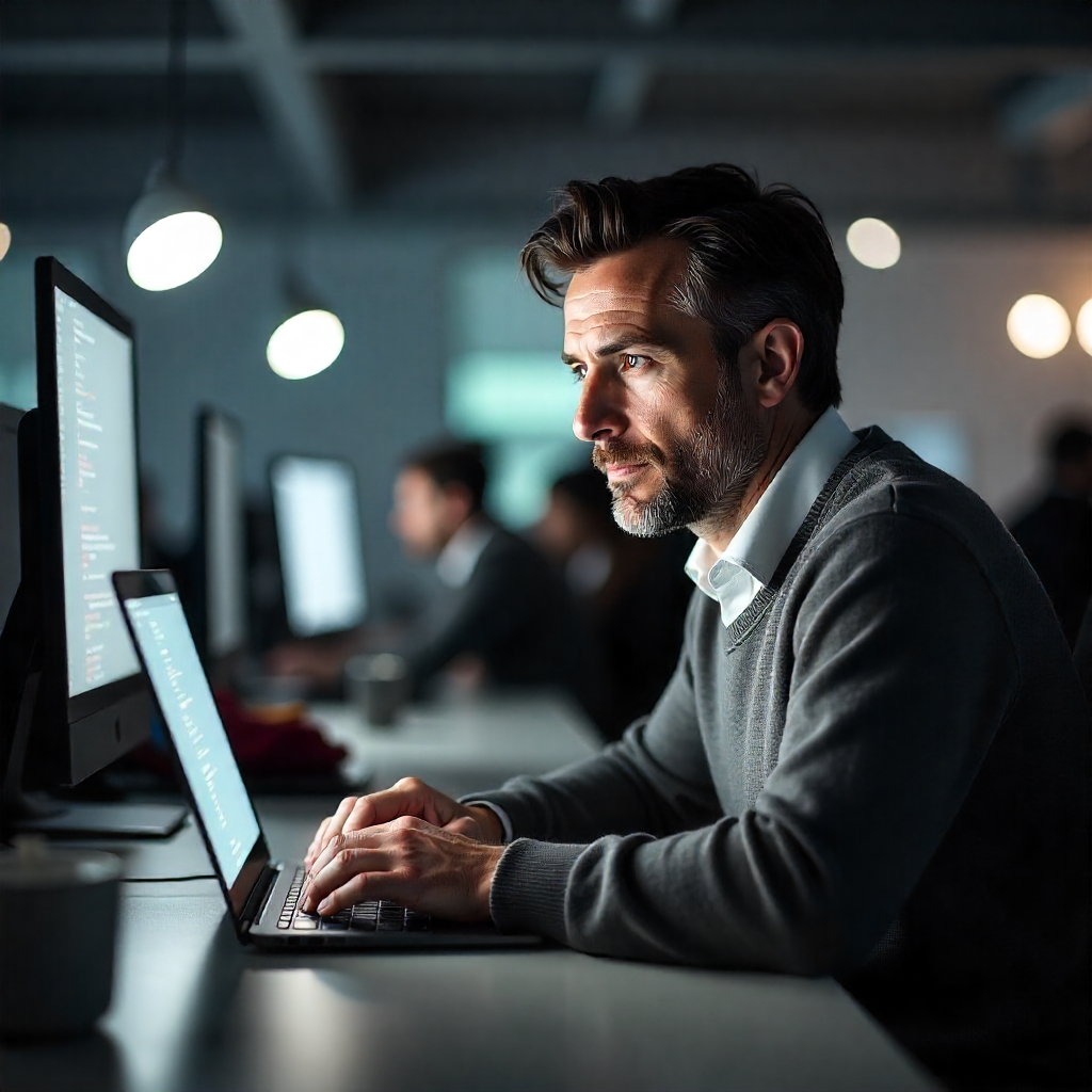 An image of a man doing his work in office