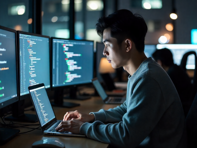 A man using his computer to hack some website