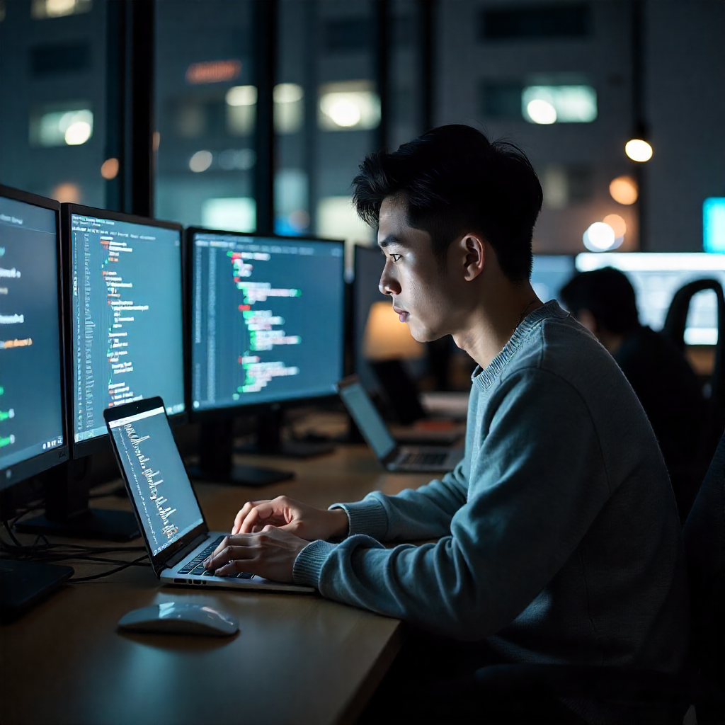 A man using his computer to hack some website