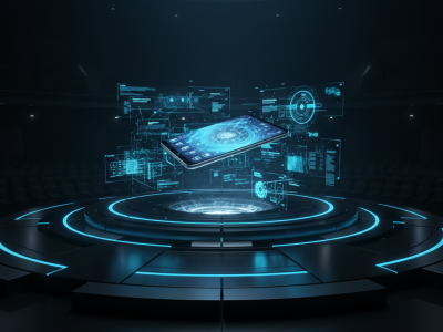 A smartphone displaying the new operating system, floating above a futuristic stage.