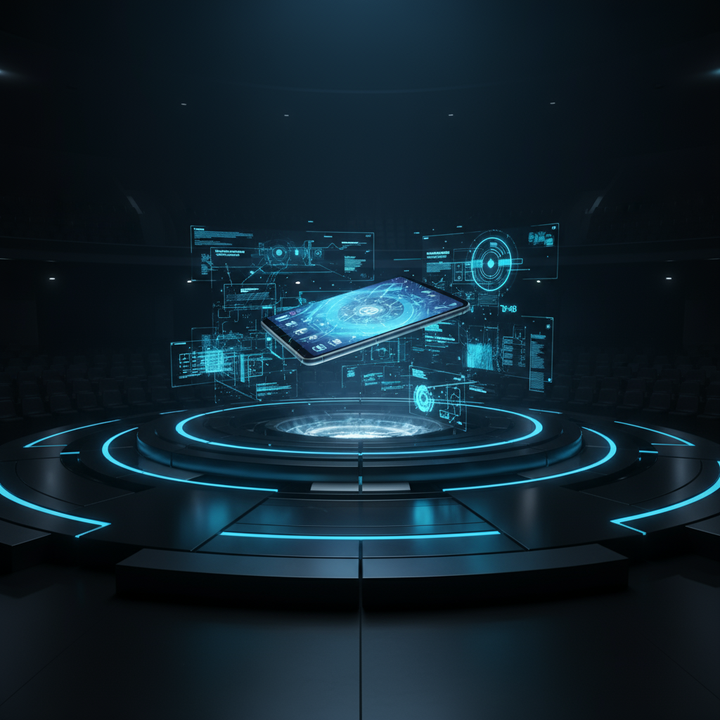 A smartphone displaying the new operating system, floating above a futuristic stage.