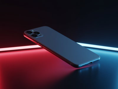 A Close-up shot of a new phone floating above a dark, reflective surface