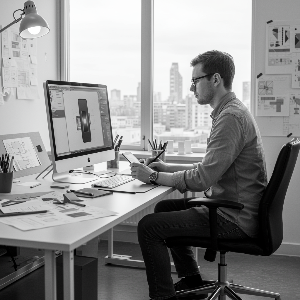 A person who is industrial designer and doing his work and designing phone