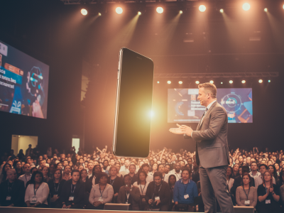 A sleek black smartphone is launched on stage during a tech conference