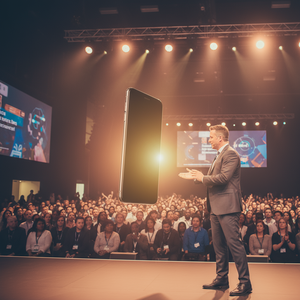 A sleek black smartphone is launched on stage during a tech conference