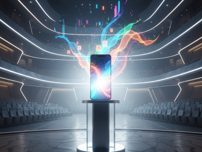 A smartphone dramatically suspended on a table above a conference hall stage