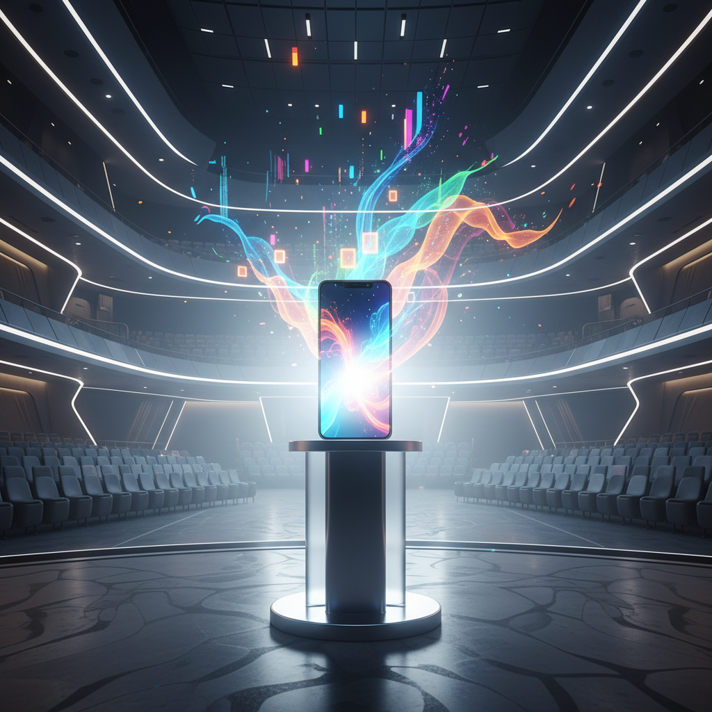 A smartphone dramatically suspended on a table above a conference hall stage