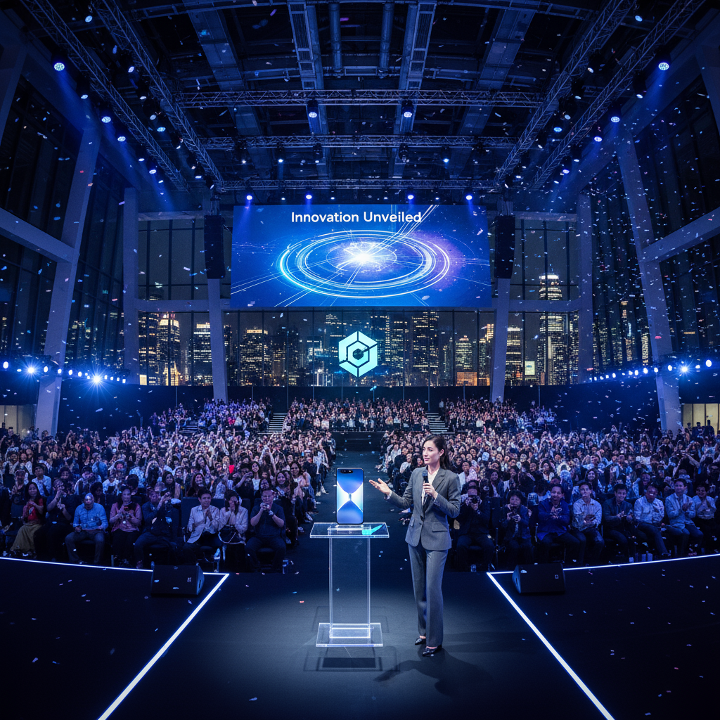 An image of a new phone getting launched in a conference hall