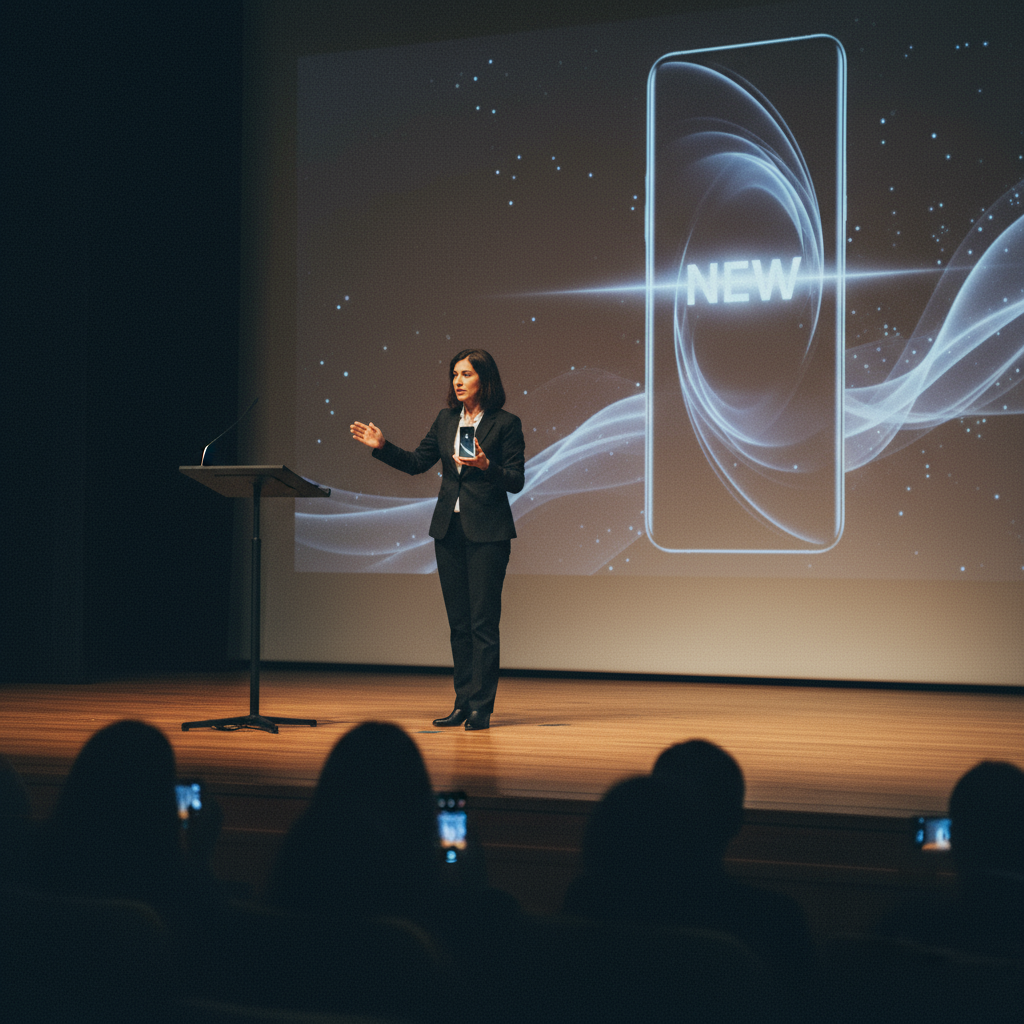 An image of a new phone getting launched in the market in a conference hall by a CEO