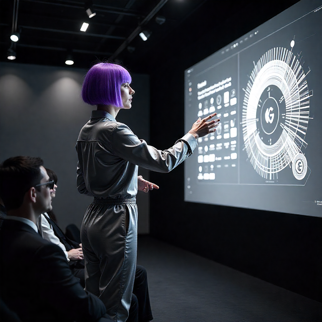 A dimly lit conference hall during the launch of a new phone.