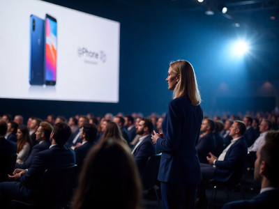 A dimly lit conference hall during the launch of a new phone.
