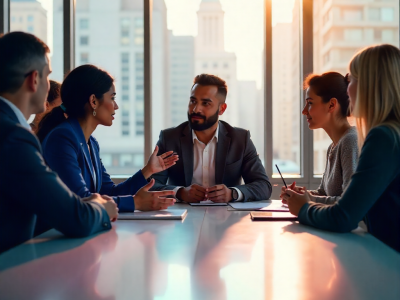 A diverse group of professionals sitting around a polished conference table.