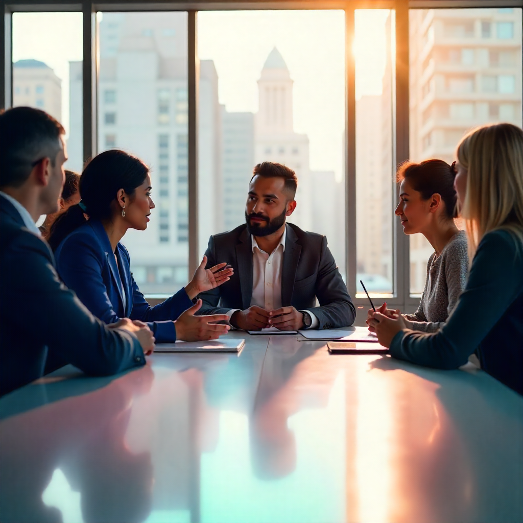 A diverse group of professionals sitting around a polished conference table.