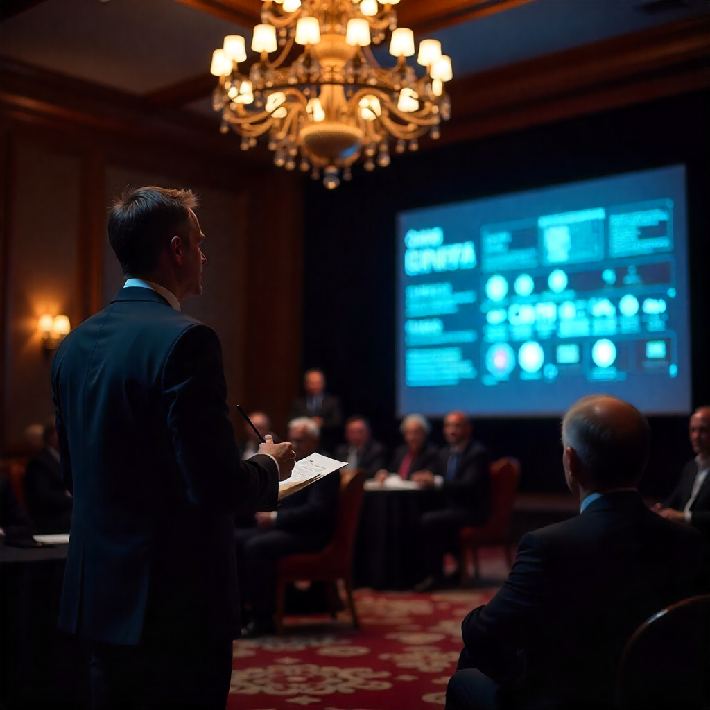 A formal presentation in a grand ballroom during autumn.