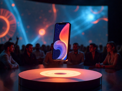 A phone under a spotlight in a modern conference hall