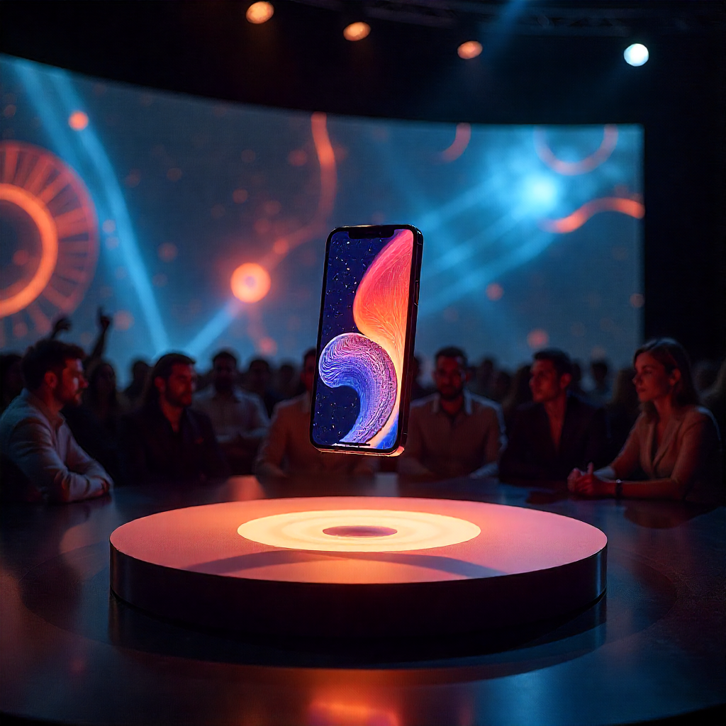 A phone under a spotlight in a modern conference hall
