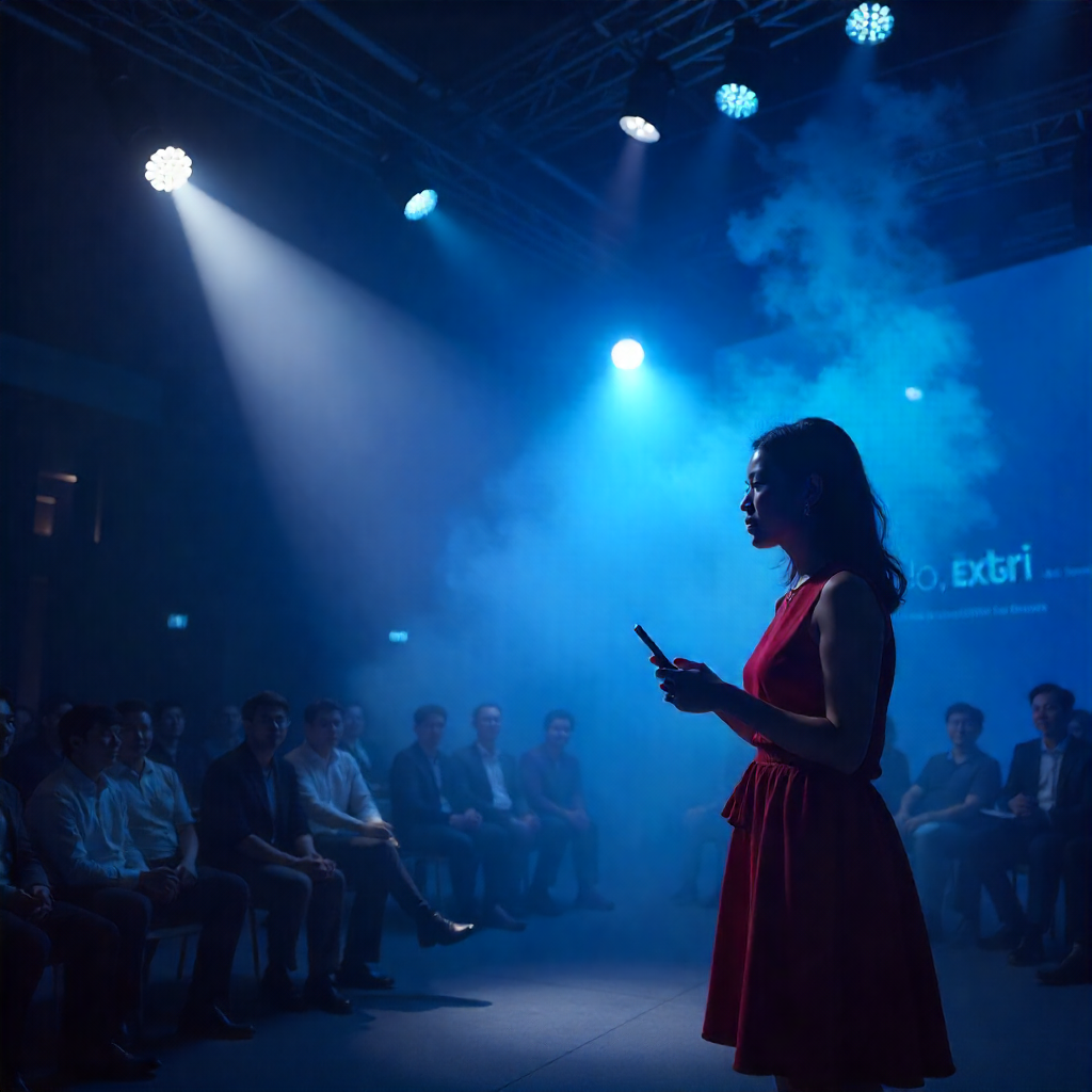 A shot of a new smartphone being unveiled at a product launch event in a modern conference hall