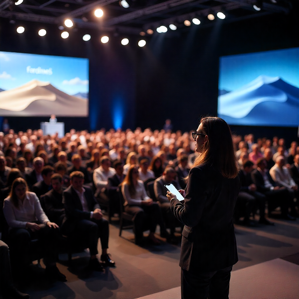 A shot of a new smartphone being unveiled at a product launch event in a modern conference hall