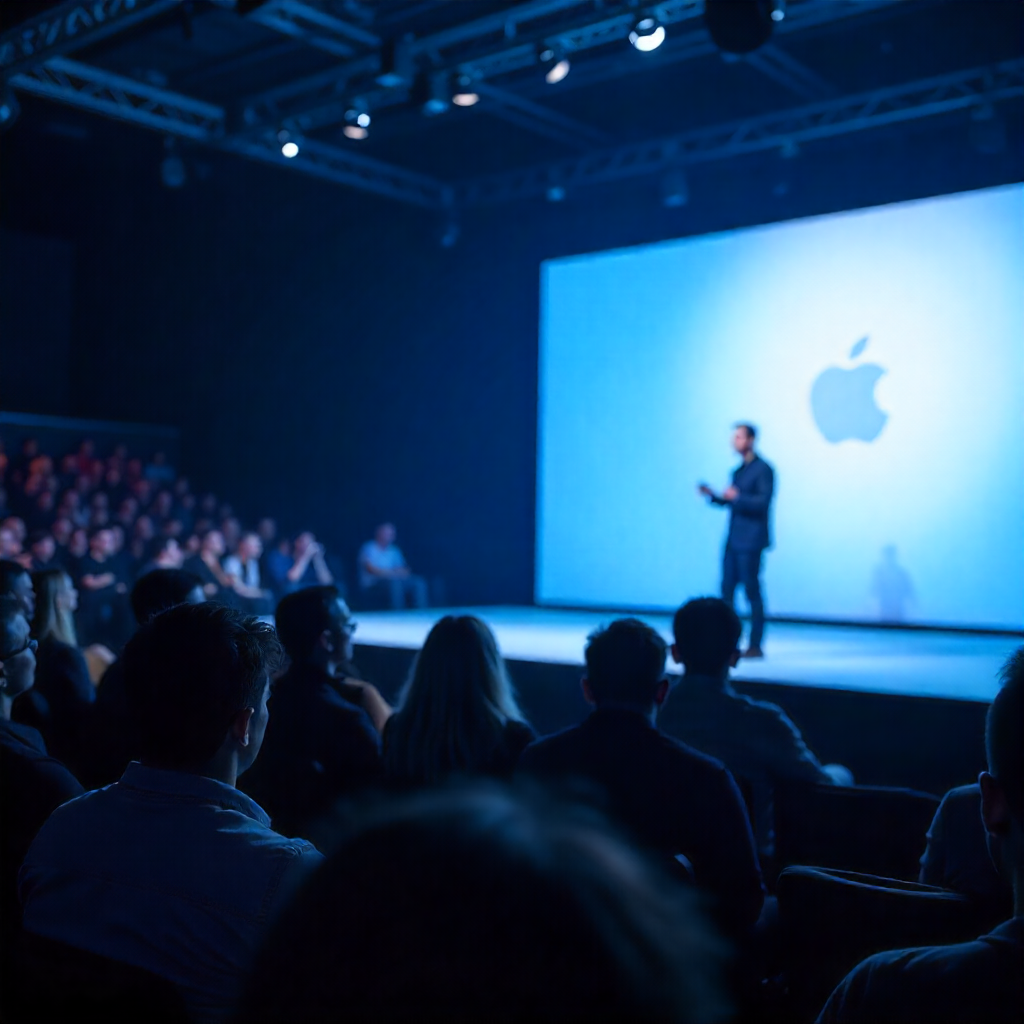 A sleek phone being unveiled on a stage during a tech conference.