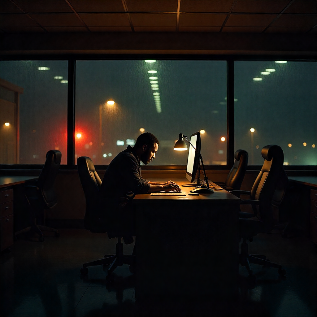 A dimly lit, modern office at night, rain streaking the windows, showing rows of empty desks and an employee working.