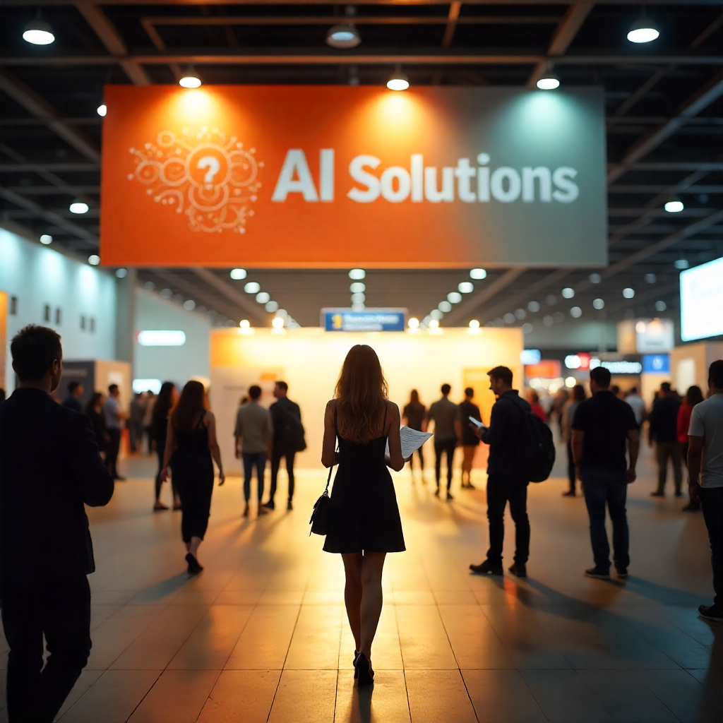 A desolate job fair in a vast convention center, filled with unemployed individuals from the tech industry.