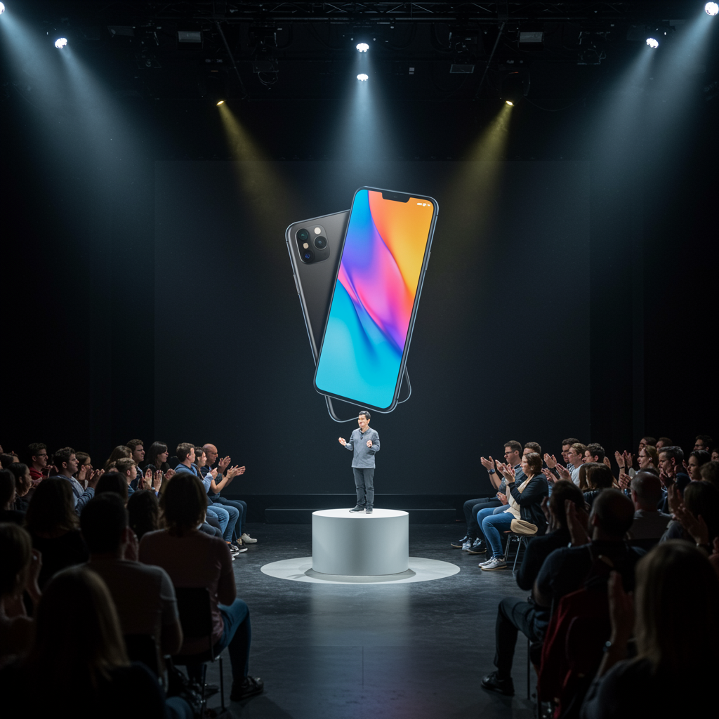 An image of a new phone OS being launched in a conference with tech people around