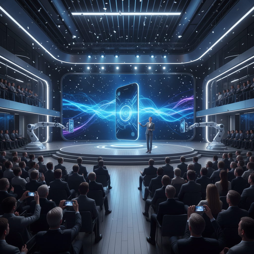 An image of a new phone getting launched in the market in a conference hall