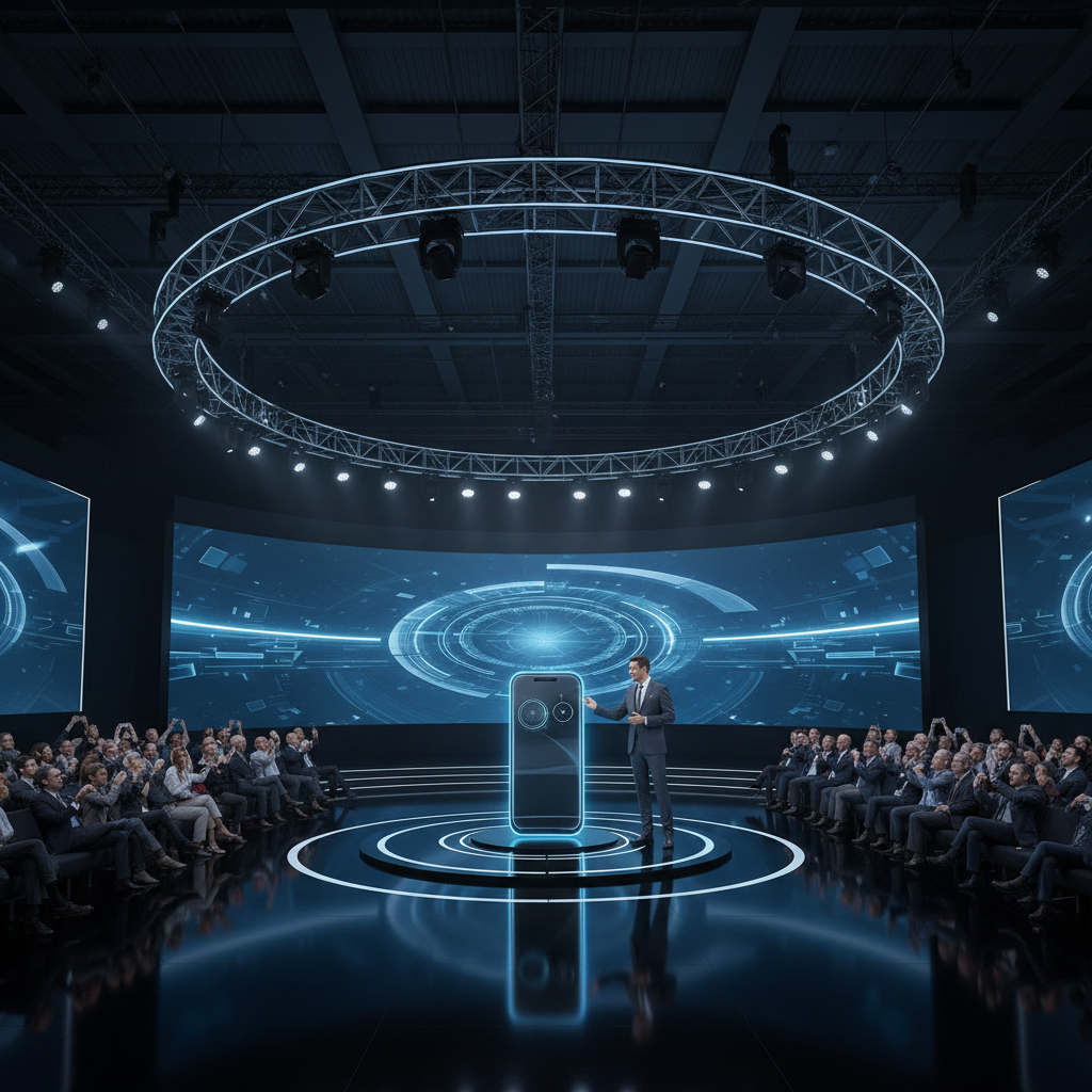 An image of a new phone getting launched in the market in a conference hall