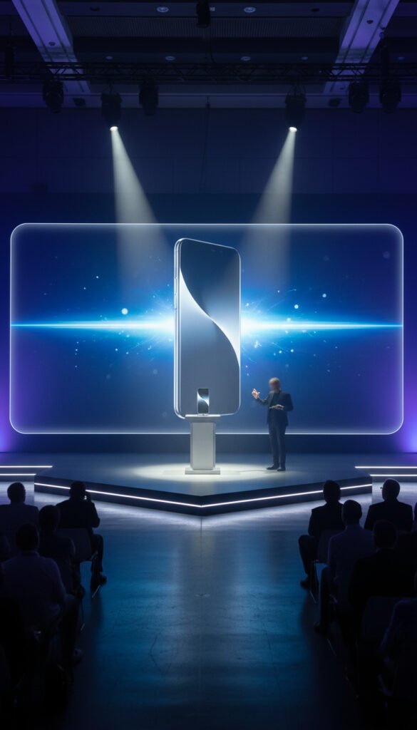 A new phone launch at a conference hall with lots of tech enthusiasts around