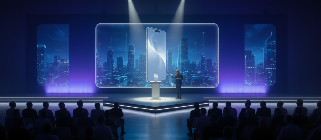 A new phone launch at a conference hall with lots of tech enthusiasts around