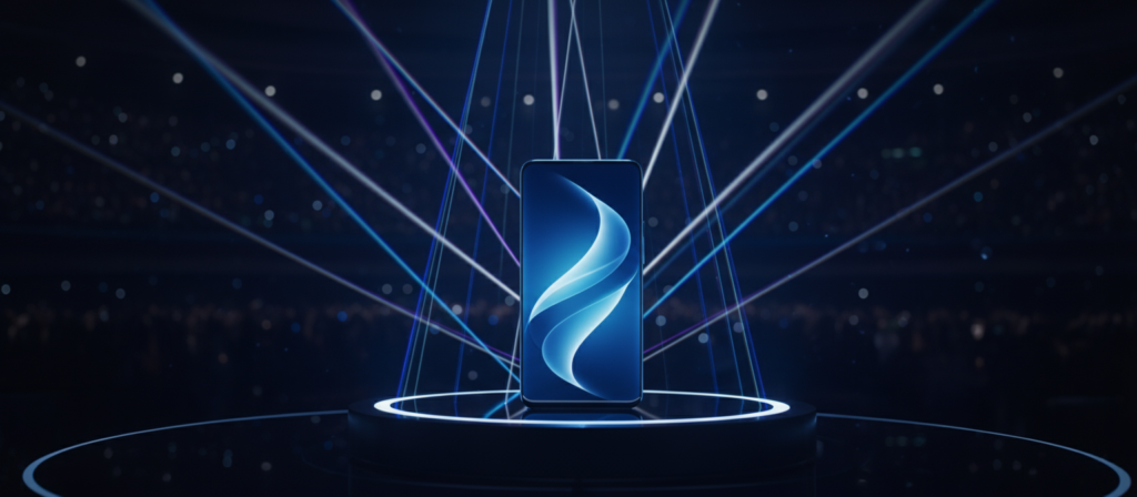 An image of a new phone getting launched in a conference hall