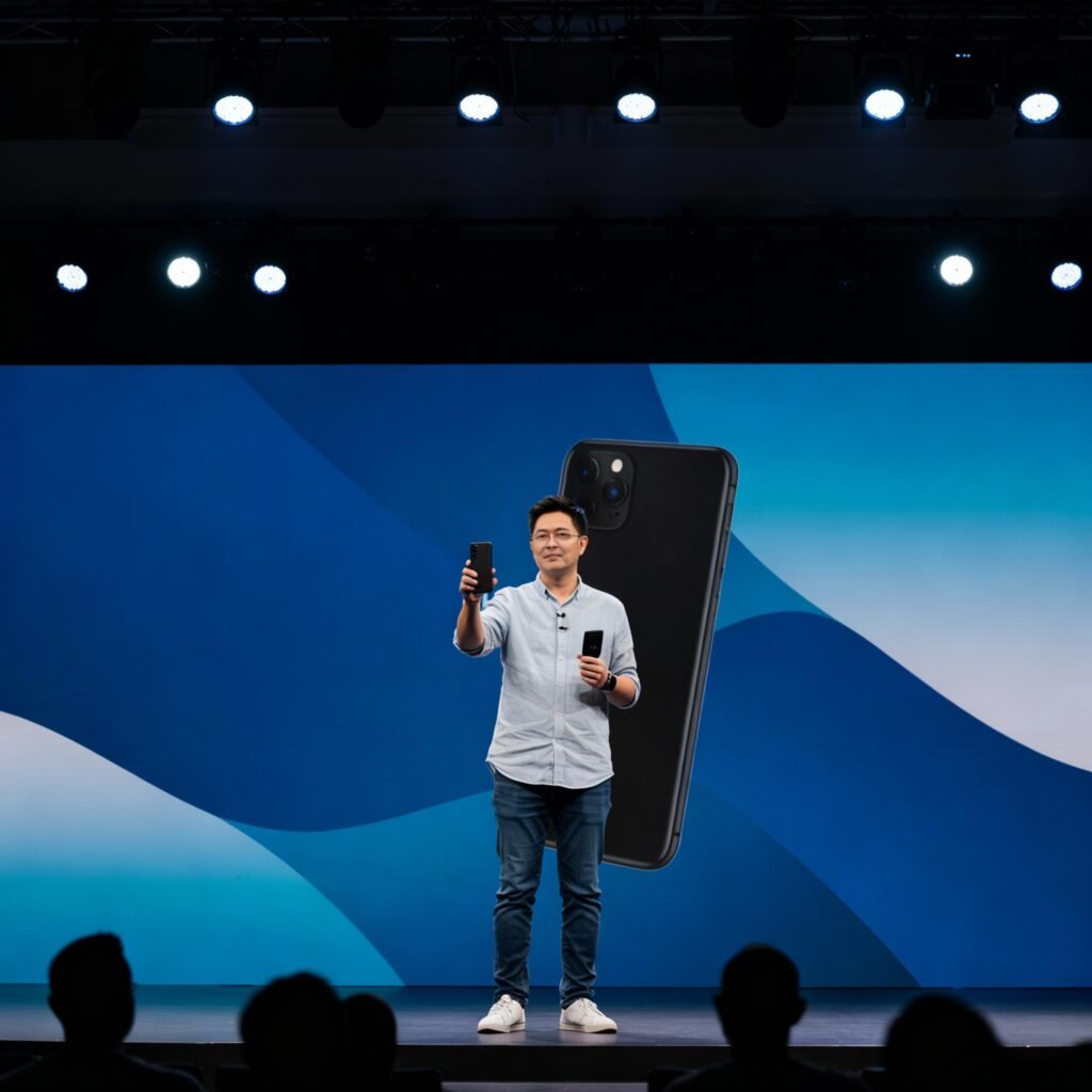 An image of a new phone OS being launched in a conference with tech people around