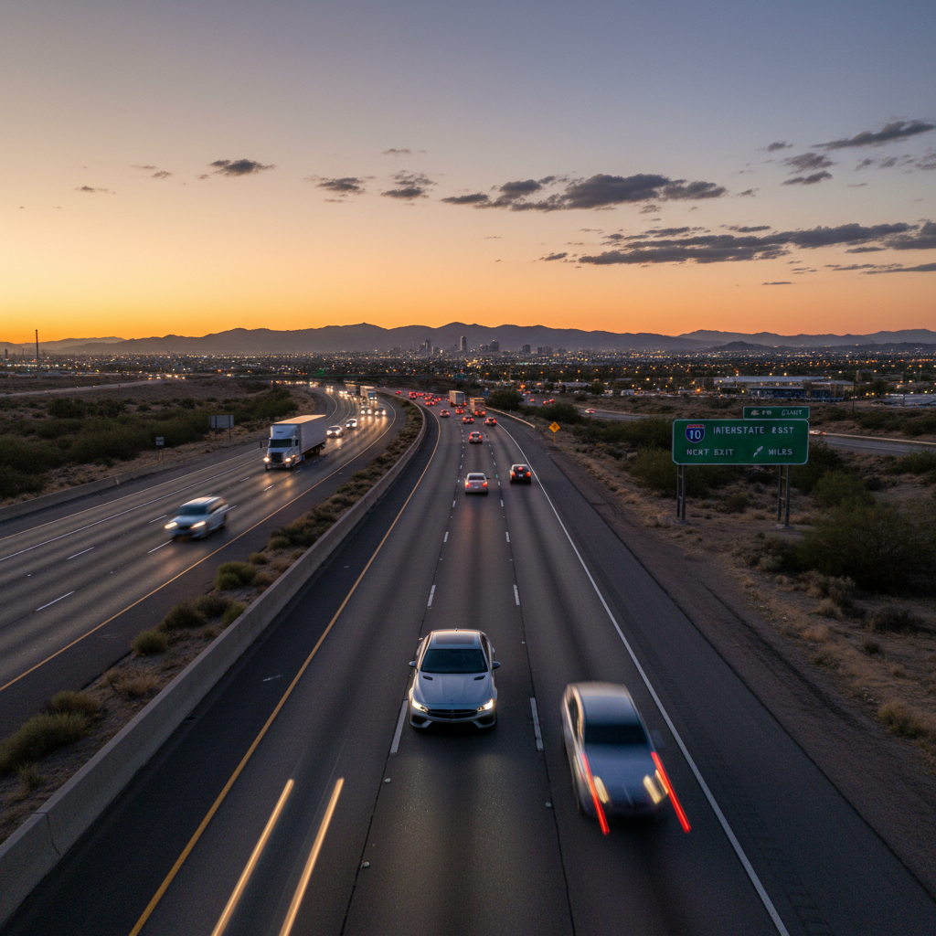 An image of a car being driven on a Highway surrounded with digital network