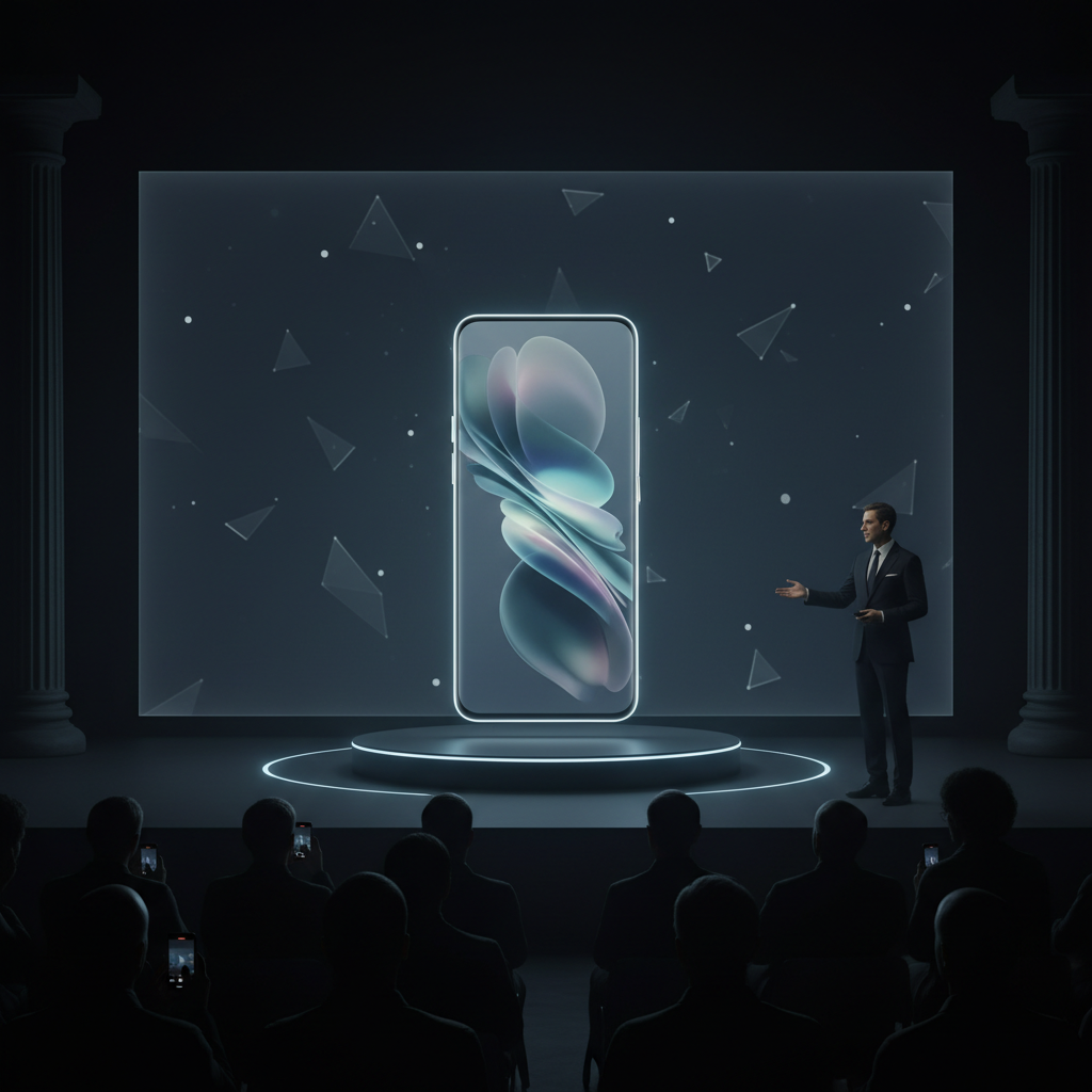 A new phone launch at a conference hall with lots of tech enthusiasts people around